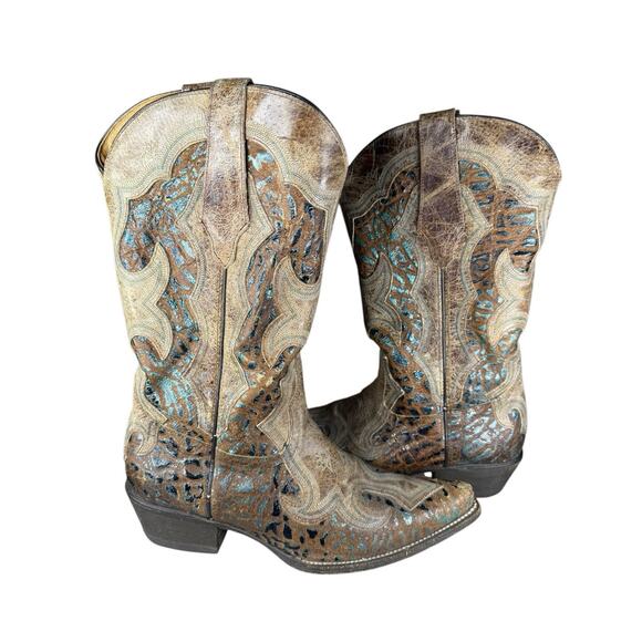 Durango Women’s 11 Leather Western Cowboy Boots Brown Turquoise DWRD009 - Picture 1 of 11